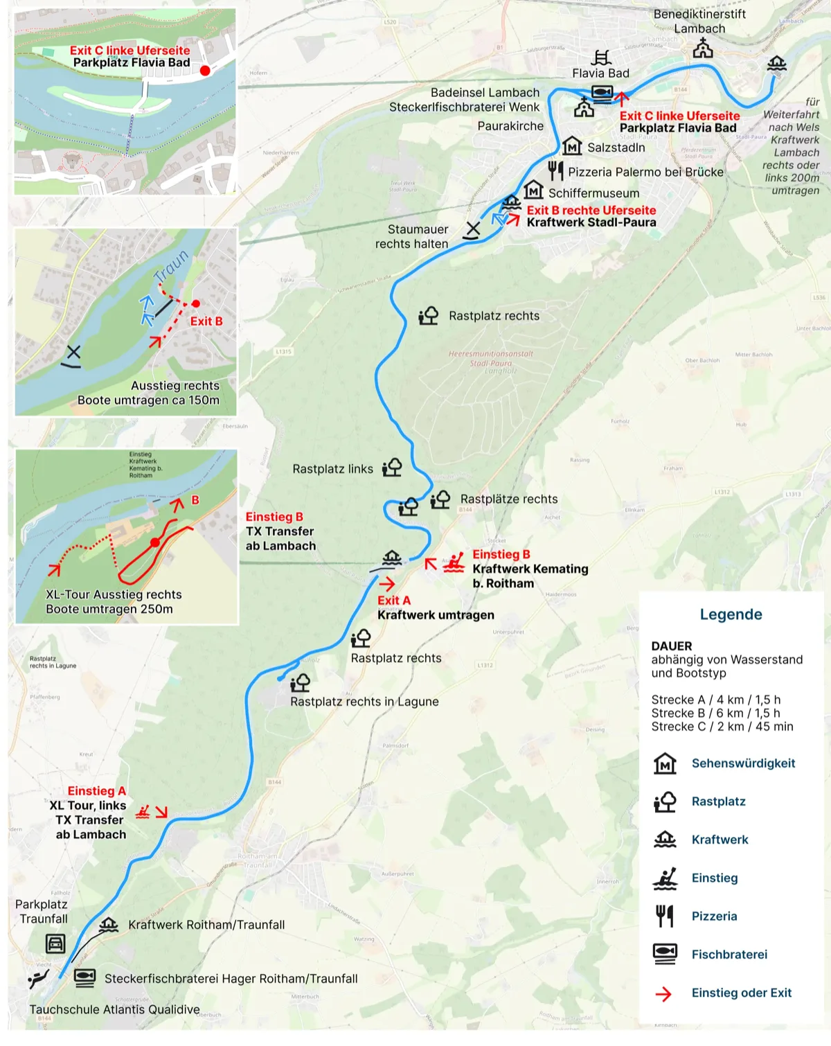 Map of the Lower Traun showing tour routes from Traunfall to Stadl-Paura