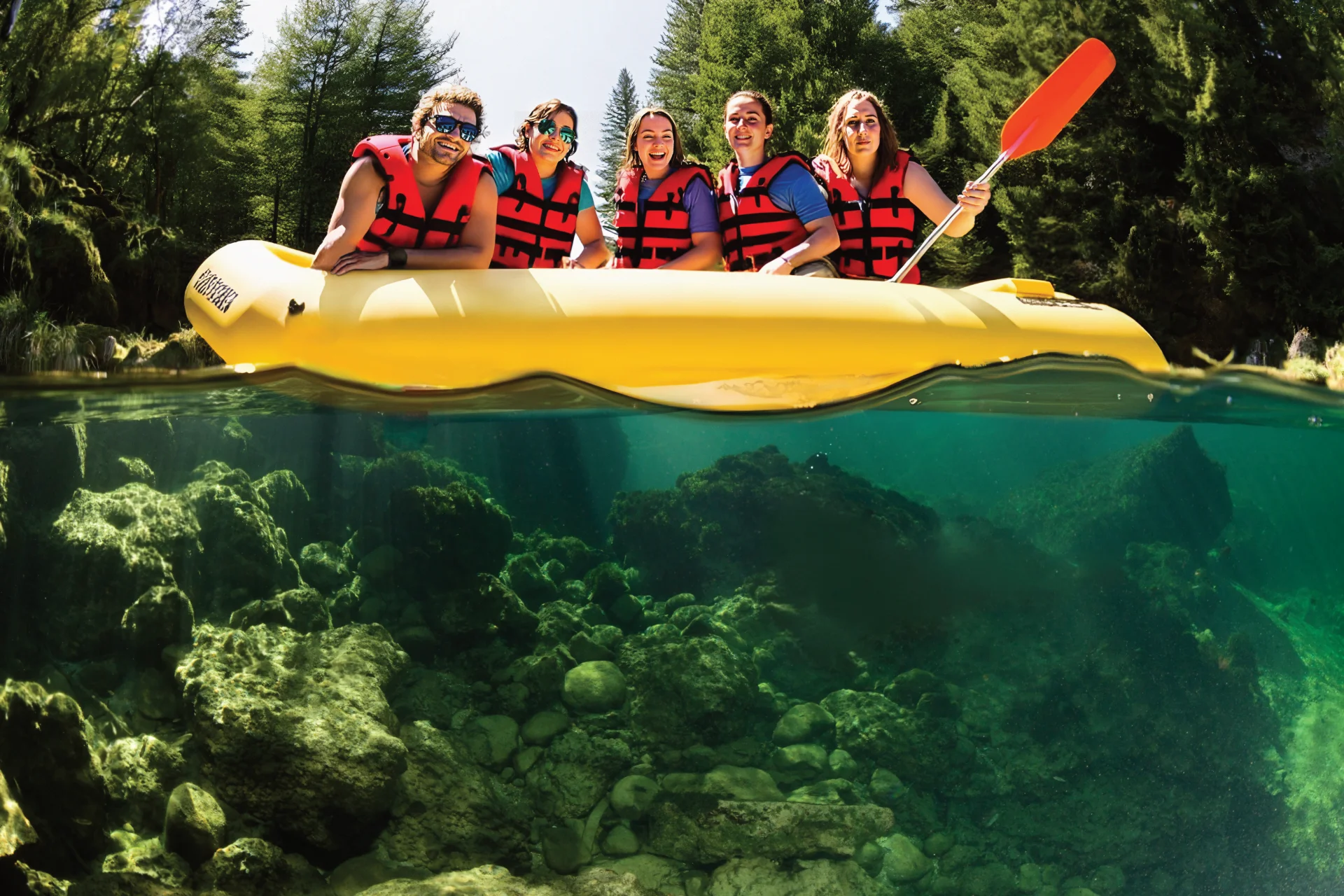 Raftingboot mit Gruppe auf der Traun