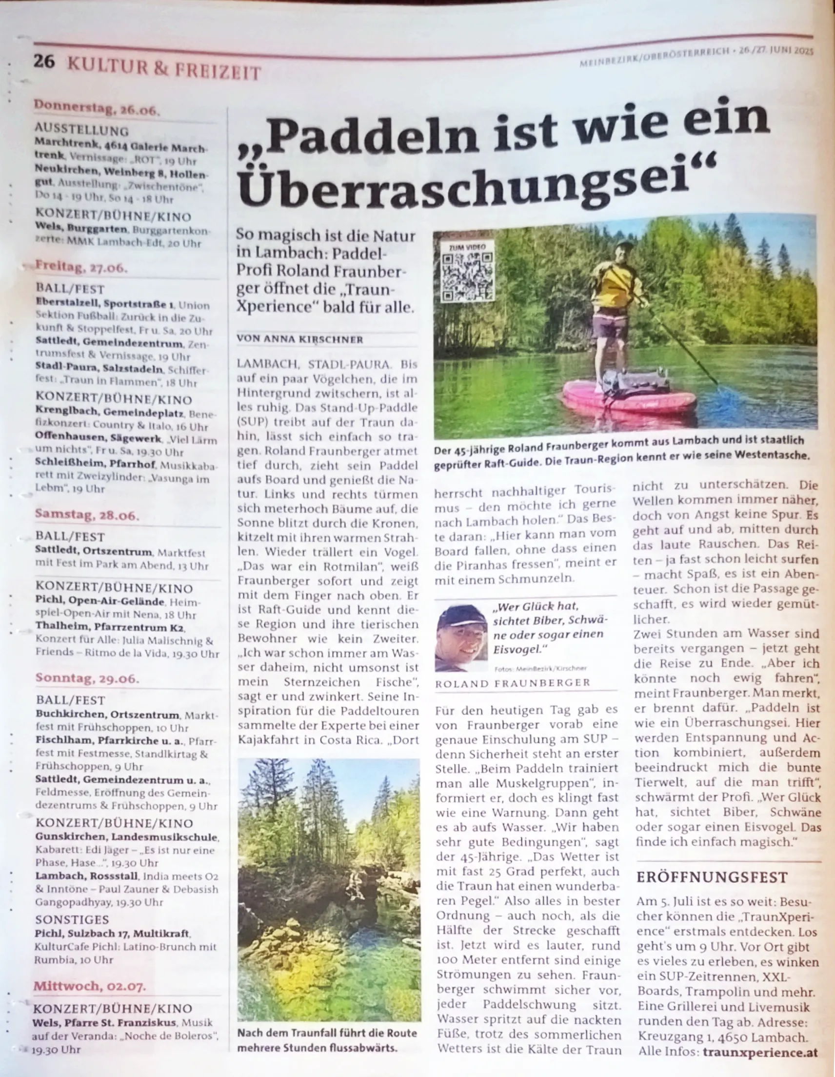 Newspaper article about the opening of TraunXperience – SUP and kayak on the Traun