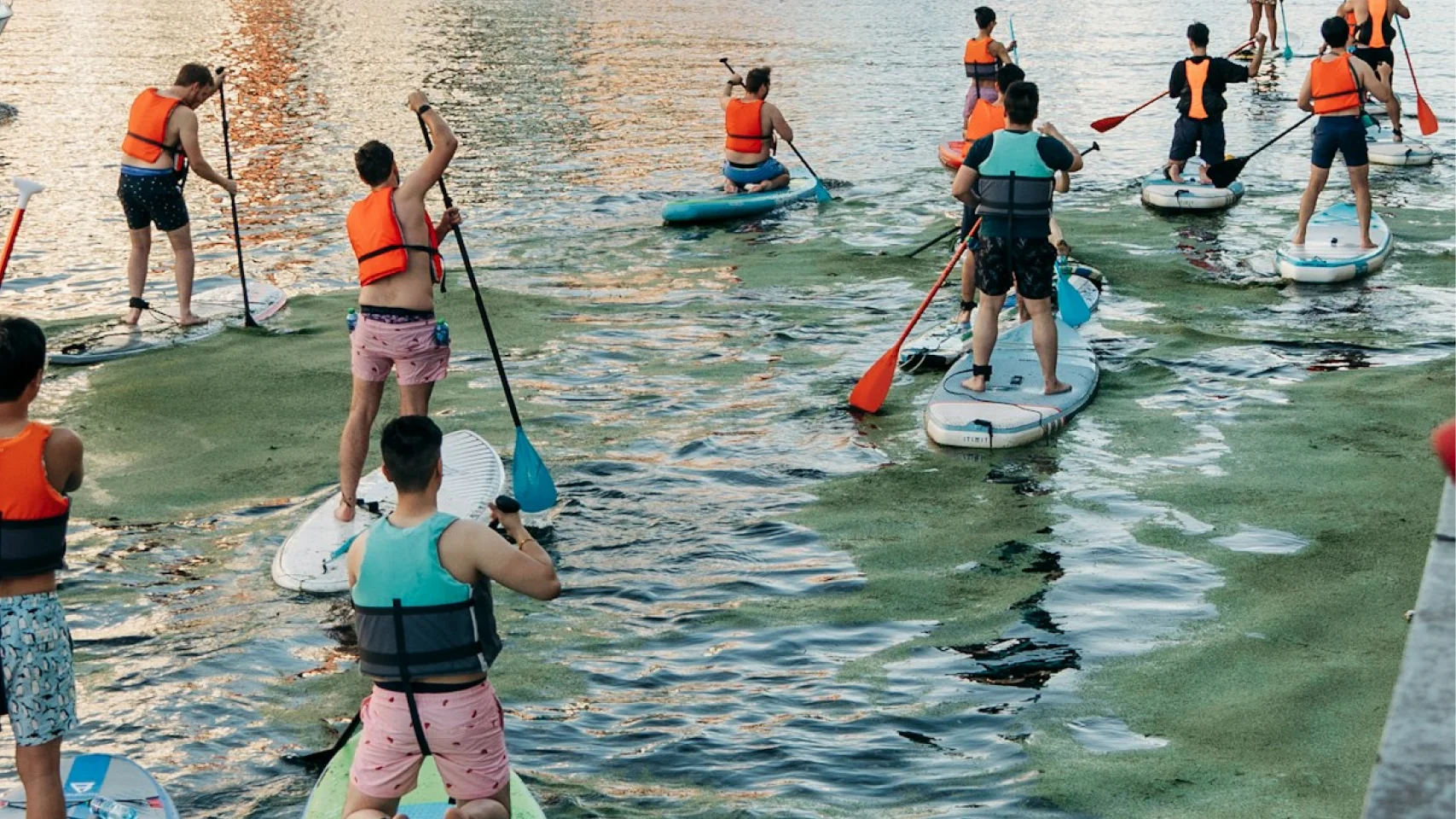 Gruppe von Schülern mit Schwimmwesten und Paddeln am Traunufer