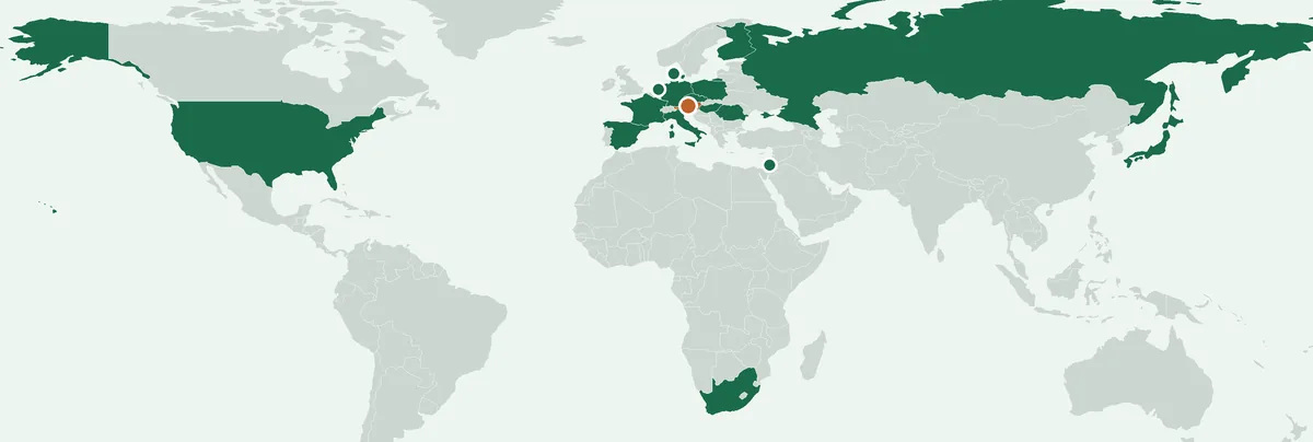 Weltkarte: Herkunftsländer unserer Gäste 2026 grün eingefärbt, Österreich orange